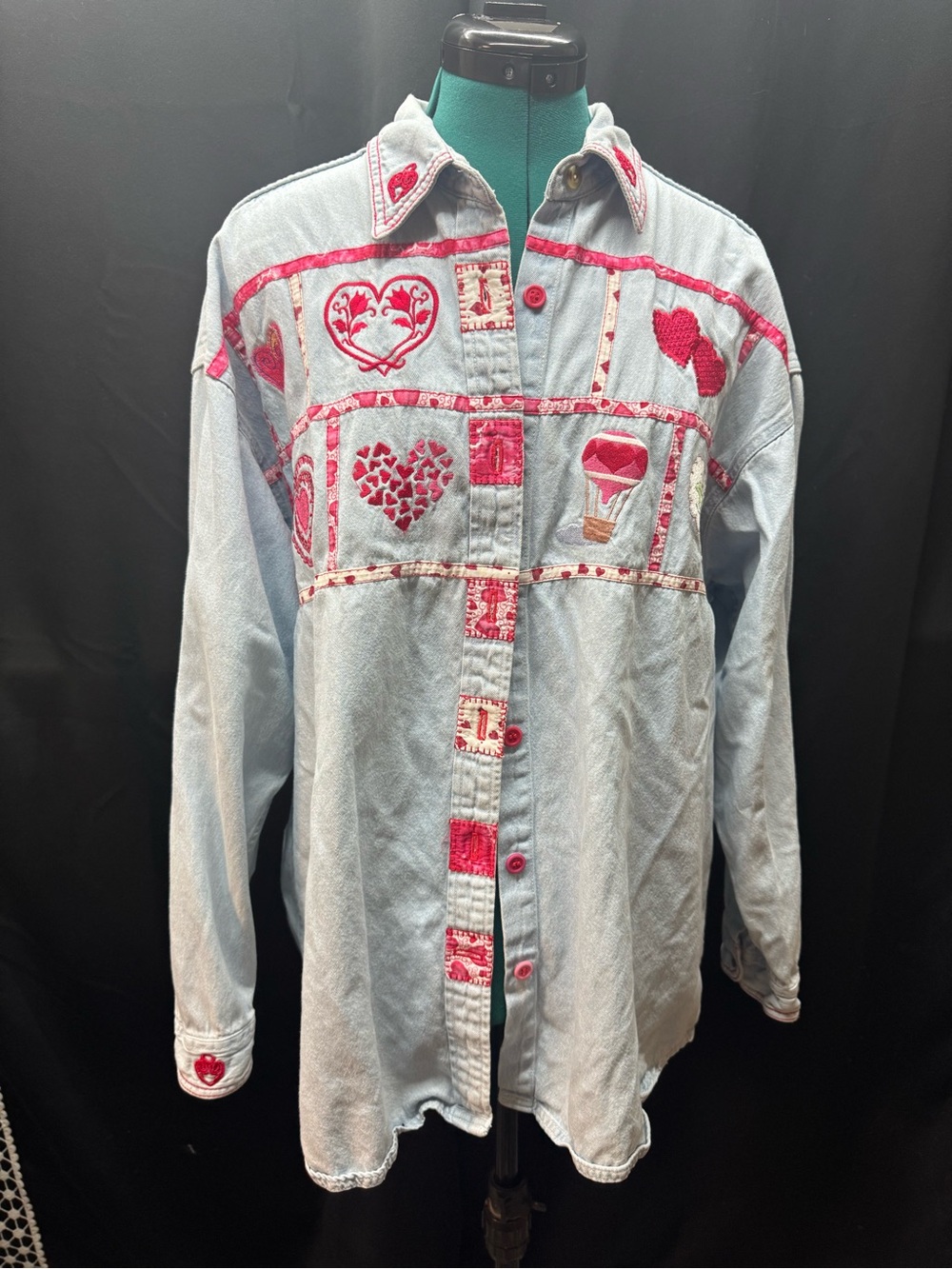 Light Blue Denim Shirt with Red Heart Patchwork